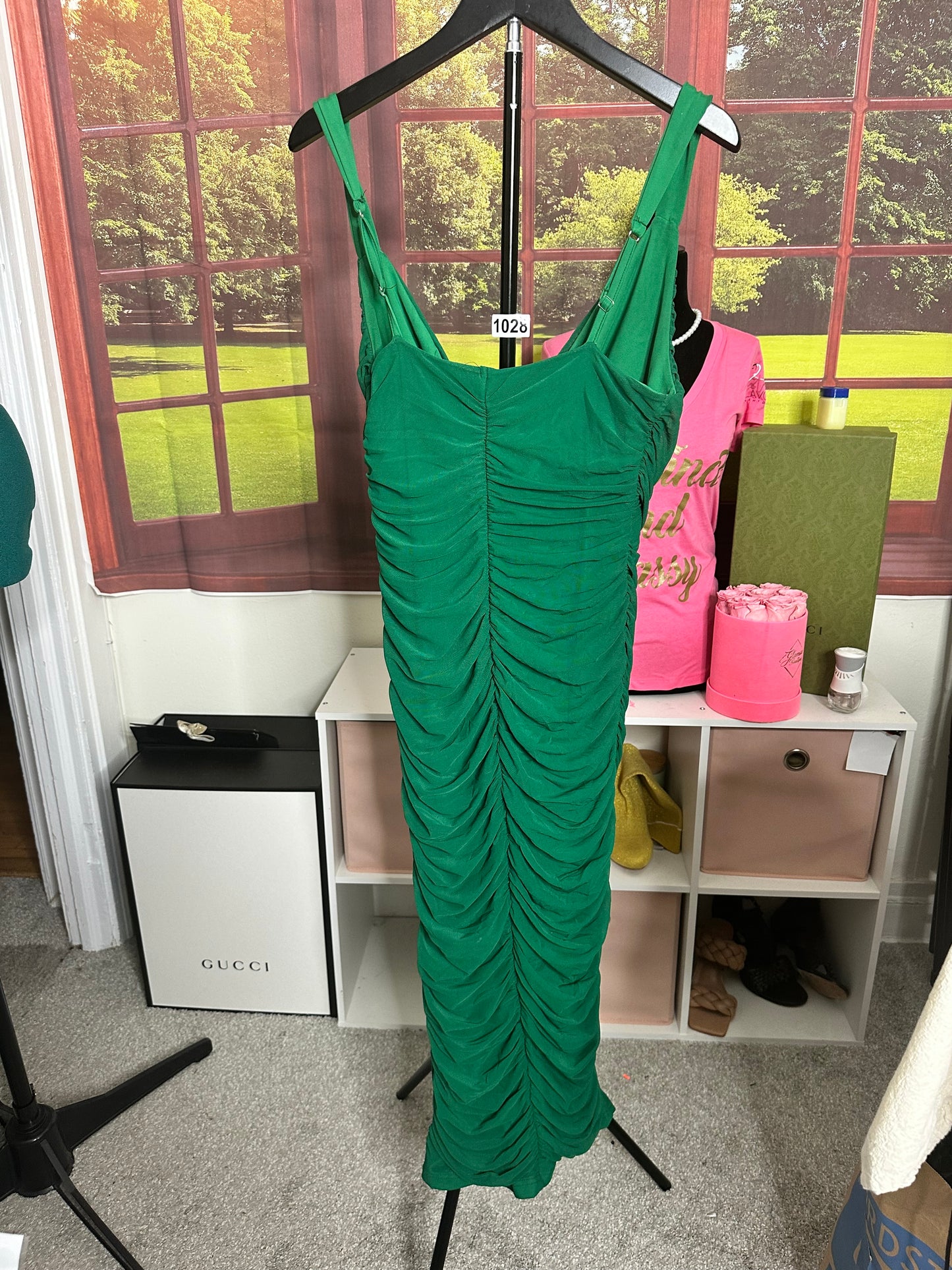 Emerald Green midi dress with ruching sz L
