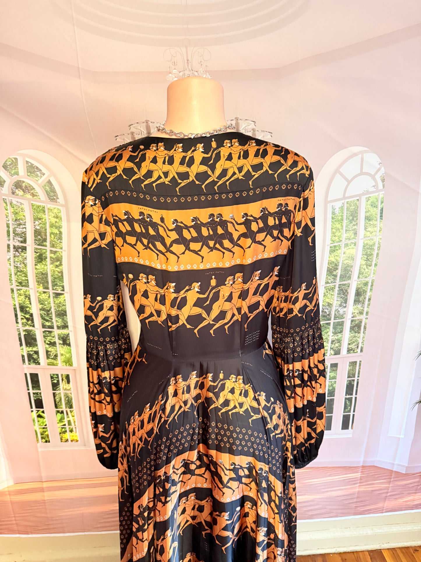 Patou Black Pleated Egyptian Print Maxi Dress Sz 44
