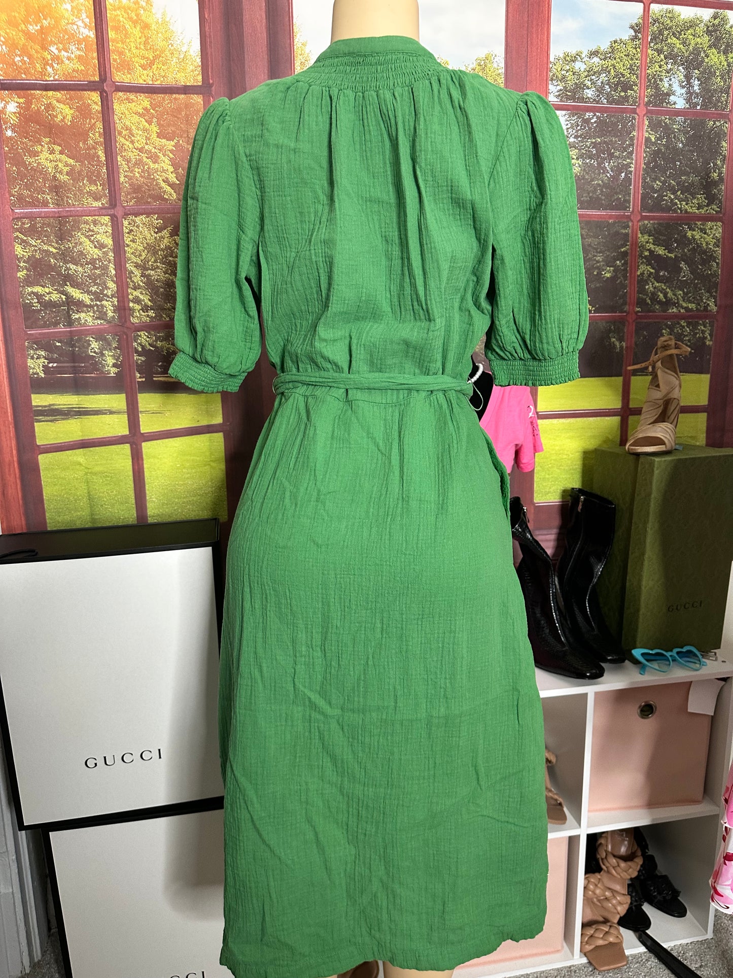 Boden green button down dress with belt sz L