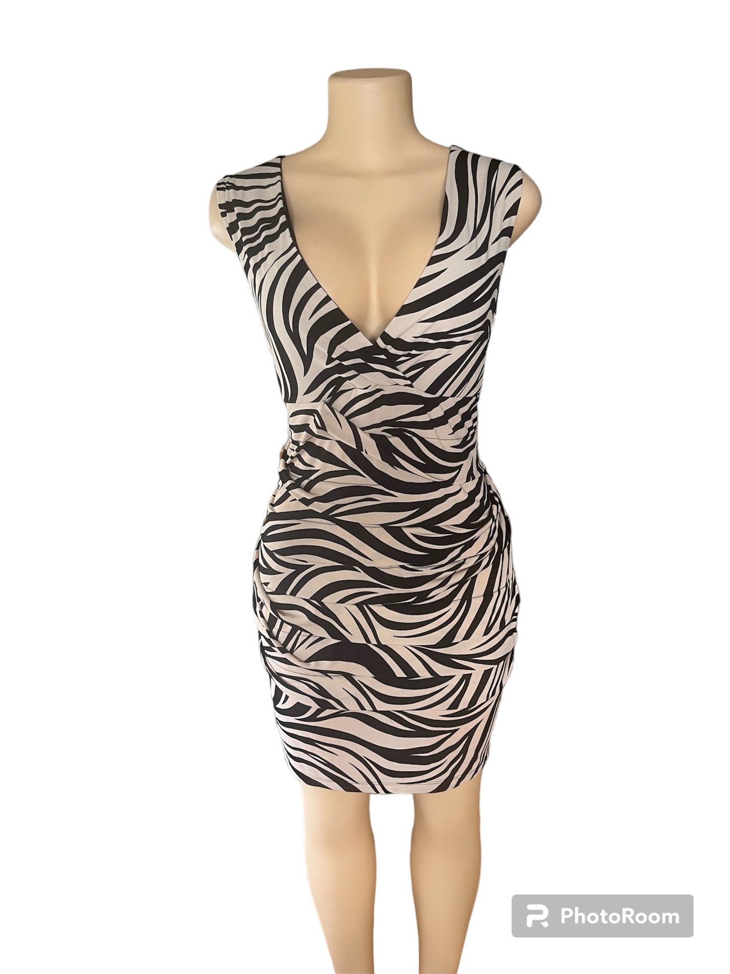 Preloved Beige/black animal print dress with ruffles size 16 W