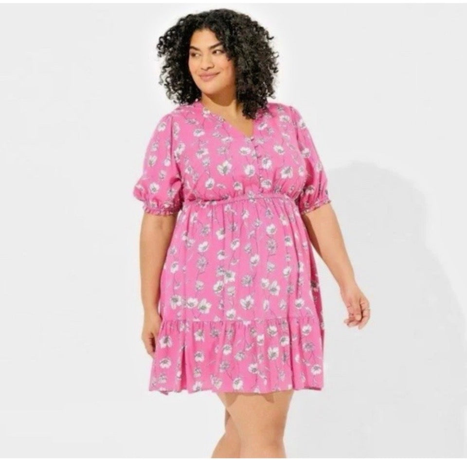 Torrid pink floral puff sleeve tiered dress sz 2X
