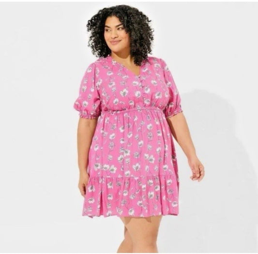 Torrid pink floral puff sleeve tiered dress sz 2X
