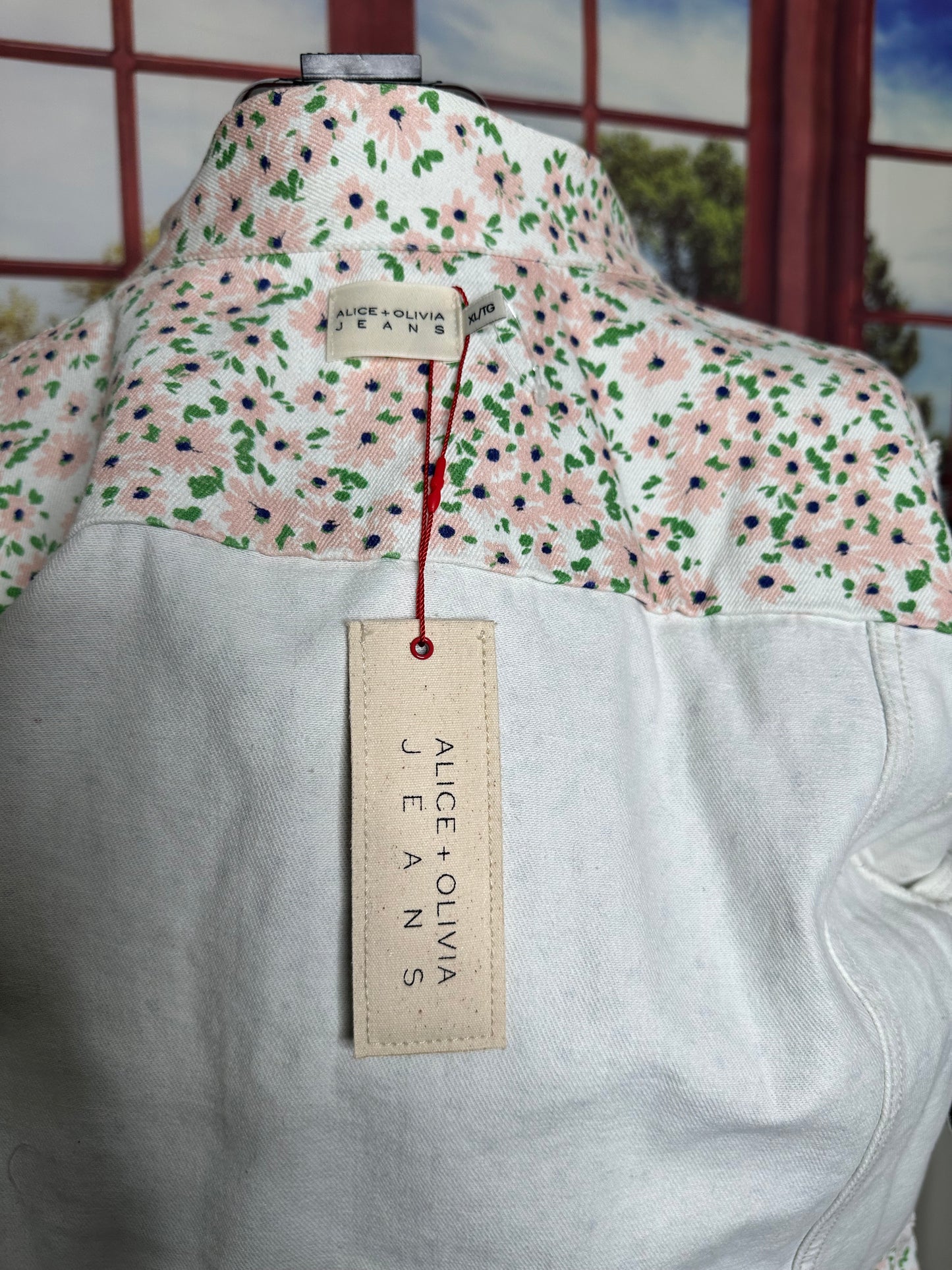 NWT Alice and Olivia Pink and Green Floral Denim Jacket Sz XL