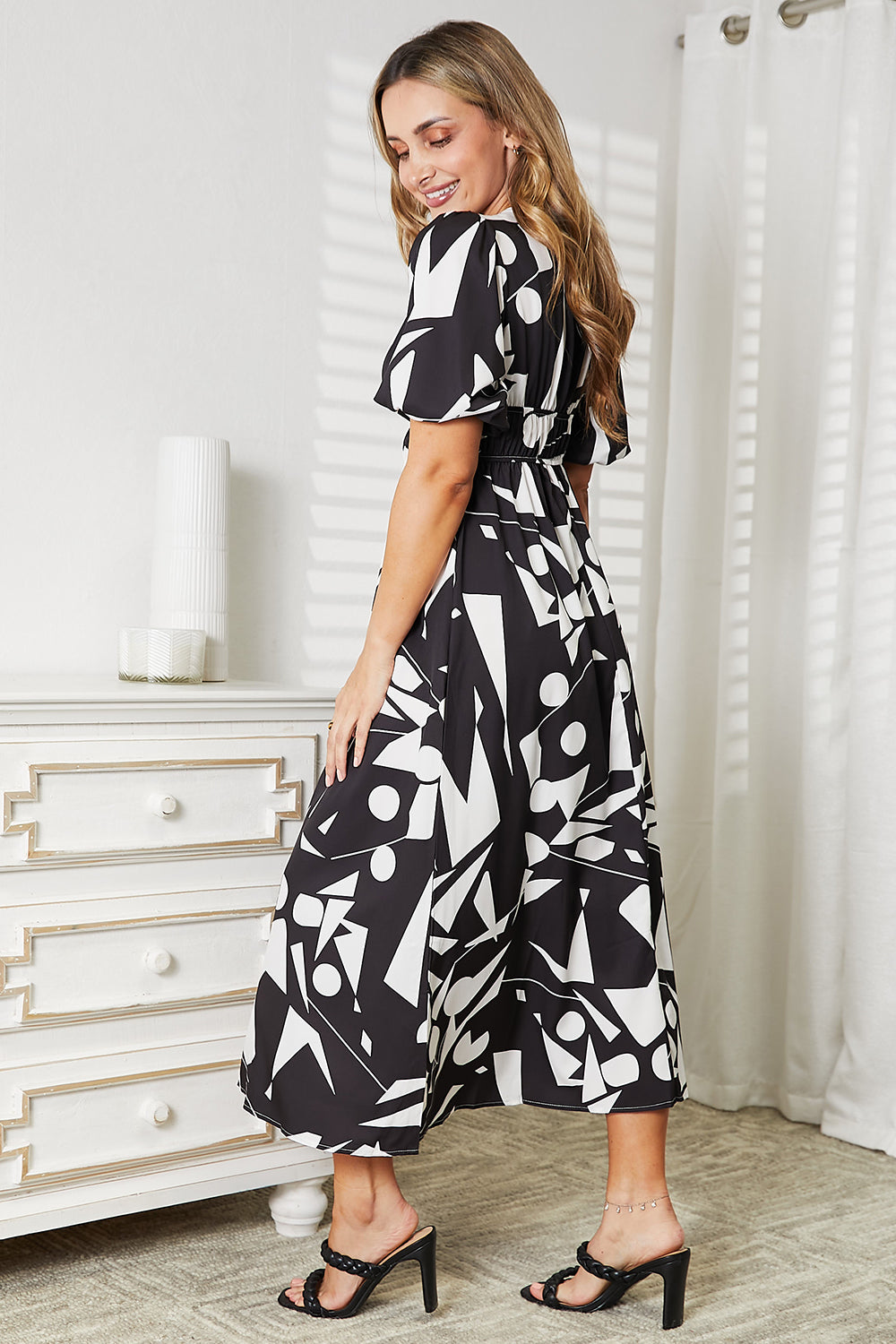 Printed Surplice Balloon Sleeve Dress 9999