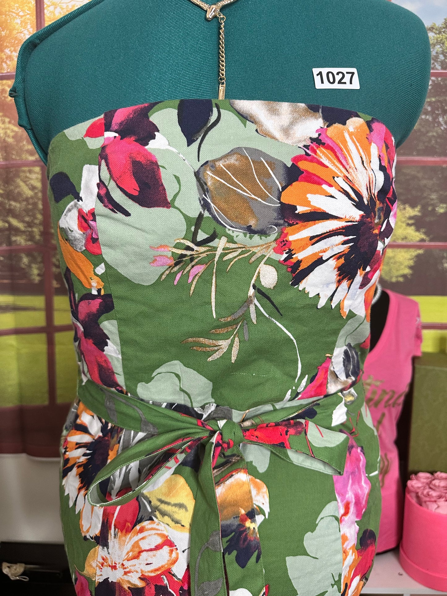 New York and Company Green Floral print strapless Linen Blend dress with belt size 14P