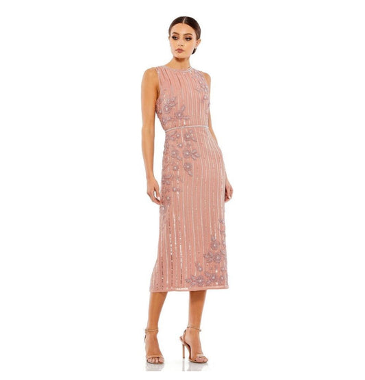 NEW NWT Mac Duggal Striped Floral Embellished Sleeveless Midi Dress In Rose Pink sz 14
