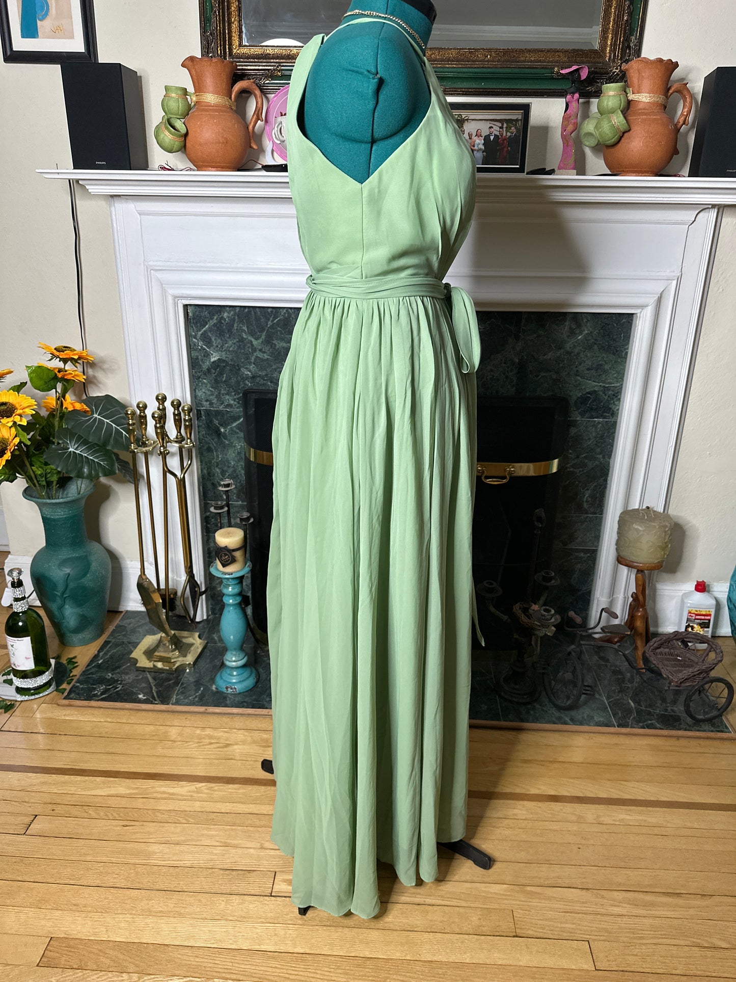 Sage green dress gown with sheer jacket and pockets sz 12 best fits sz 10