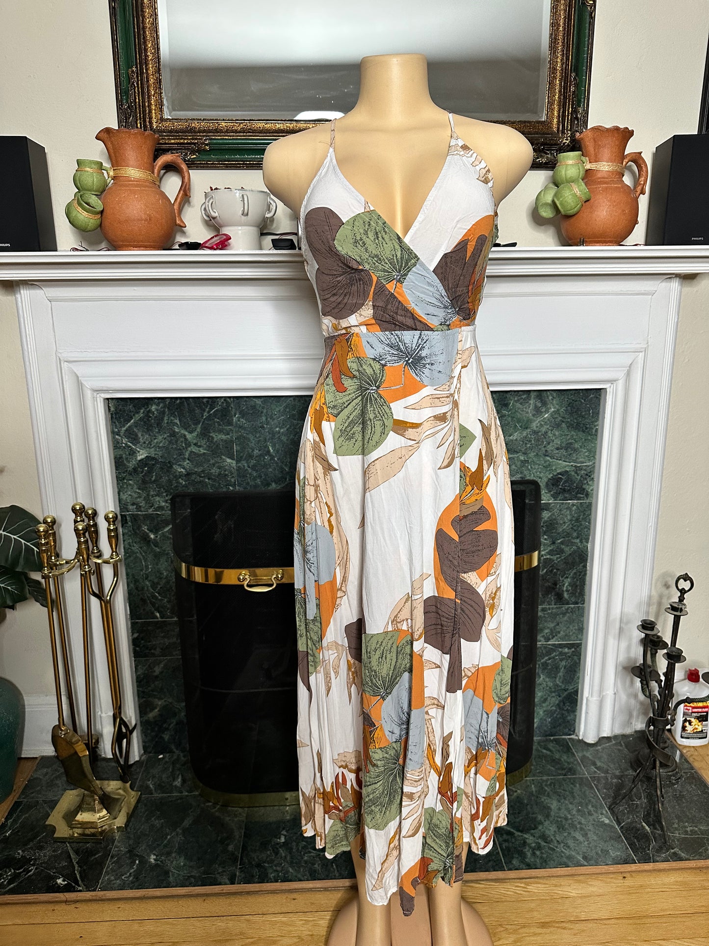 Preloved brown/green floral dress spaghetti straps sz S