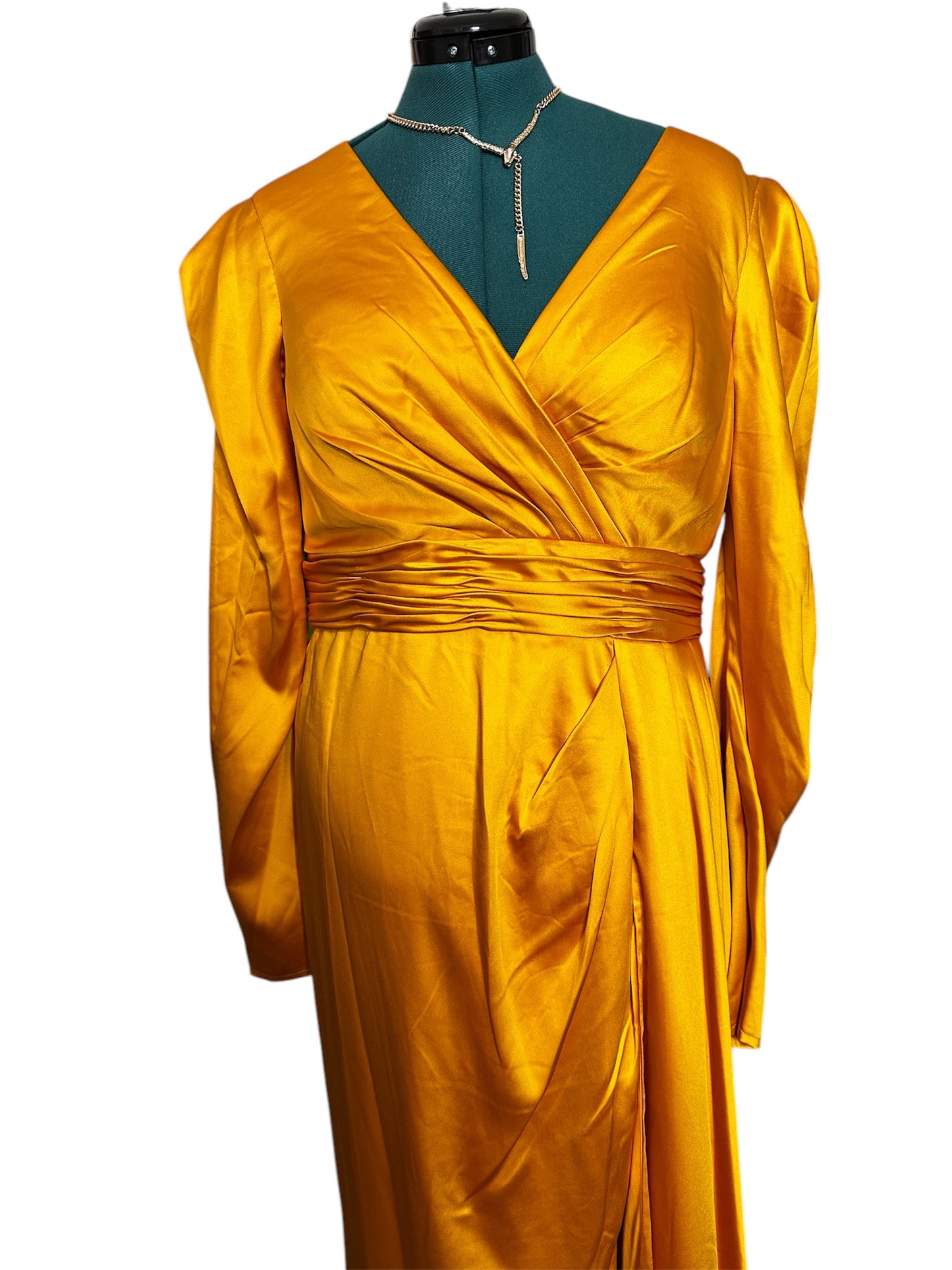 Mac Duggal 12404 FAUX WRAP A LINE GOWN Formal Dress in Marigold size 14