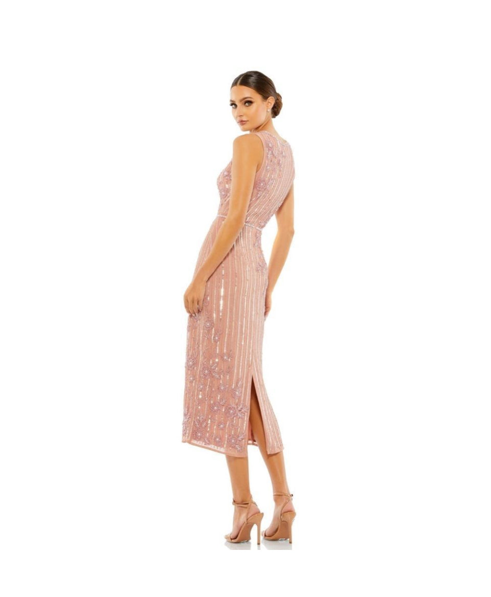 NEW NWT Mac Duggal Striped Floral Embellished Sleeveless Midi Dress In Rose Pink sz 14