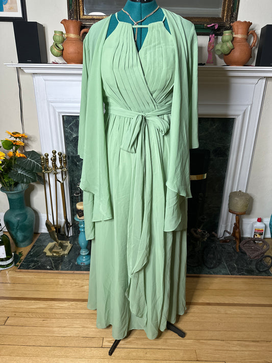 Sage green dress gown with sheer jacket and pockets sz 12 best fits sz 10