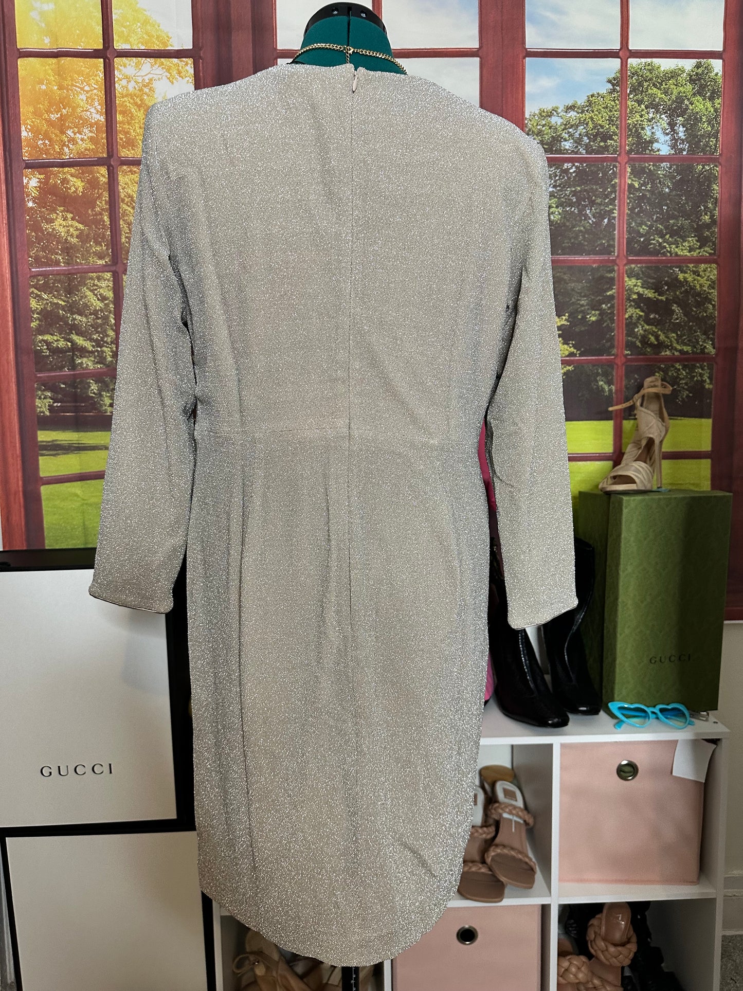 NWT Dress the Population gold metallic plunging V-neck bodycon cocktail dress