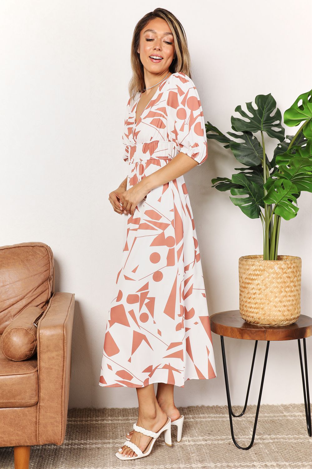 Printed Surplice Balloon Sleeve Dress 9999
