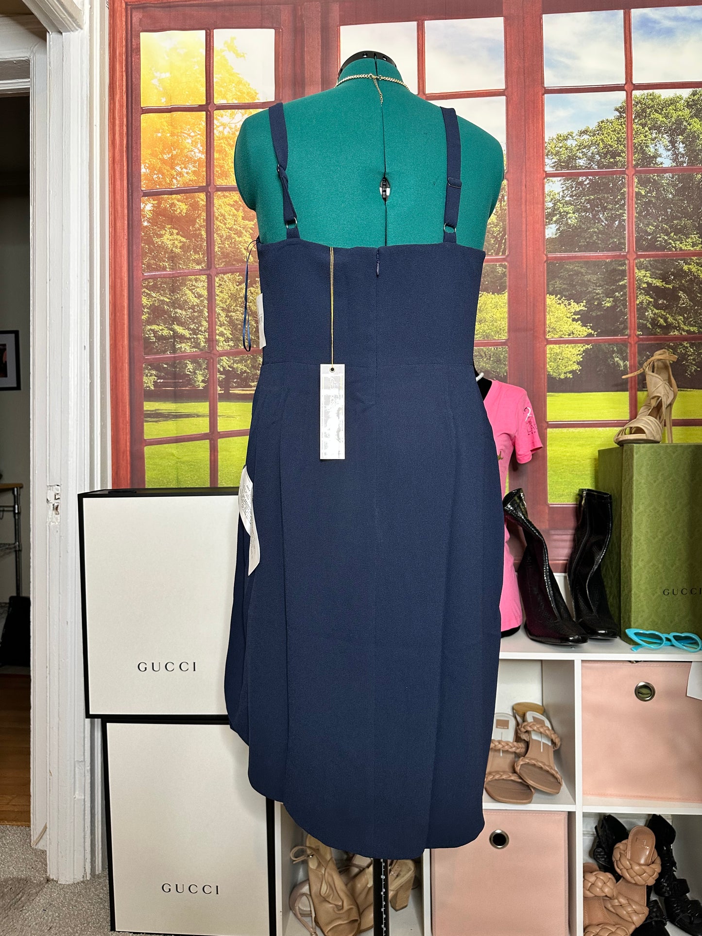 NWT Dress the Population Navy Owen full wrap evening dress tulip hem