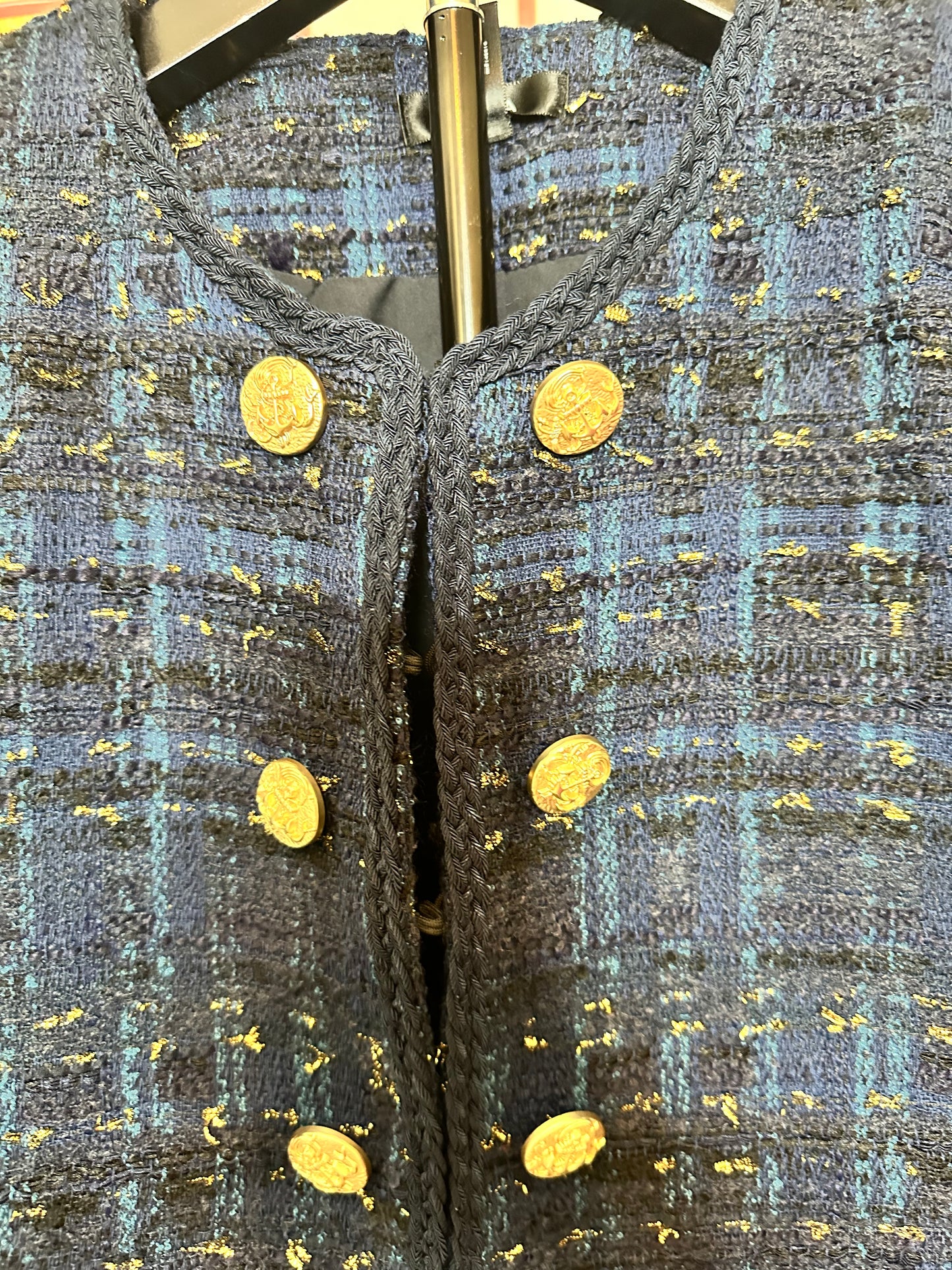 Aqua Blue and Gold Tweed Blazer with Gold buttons sz M