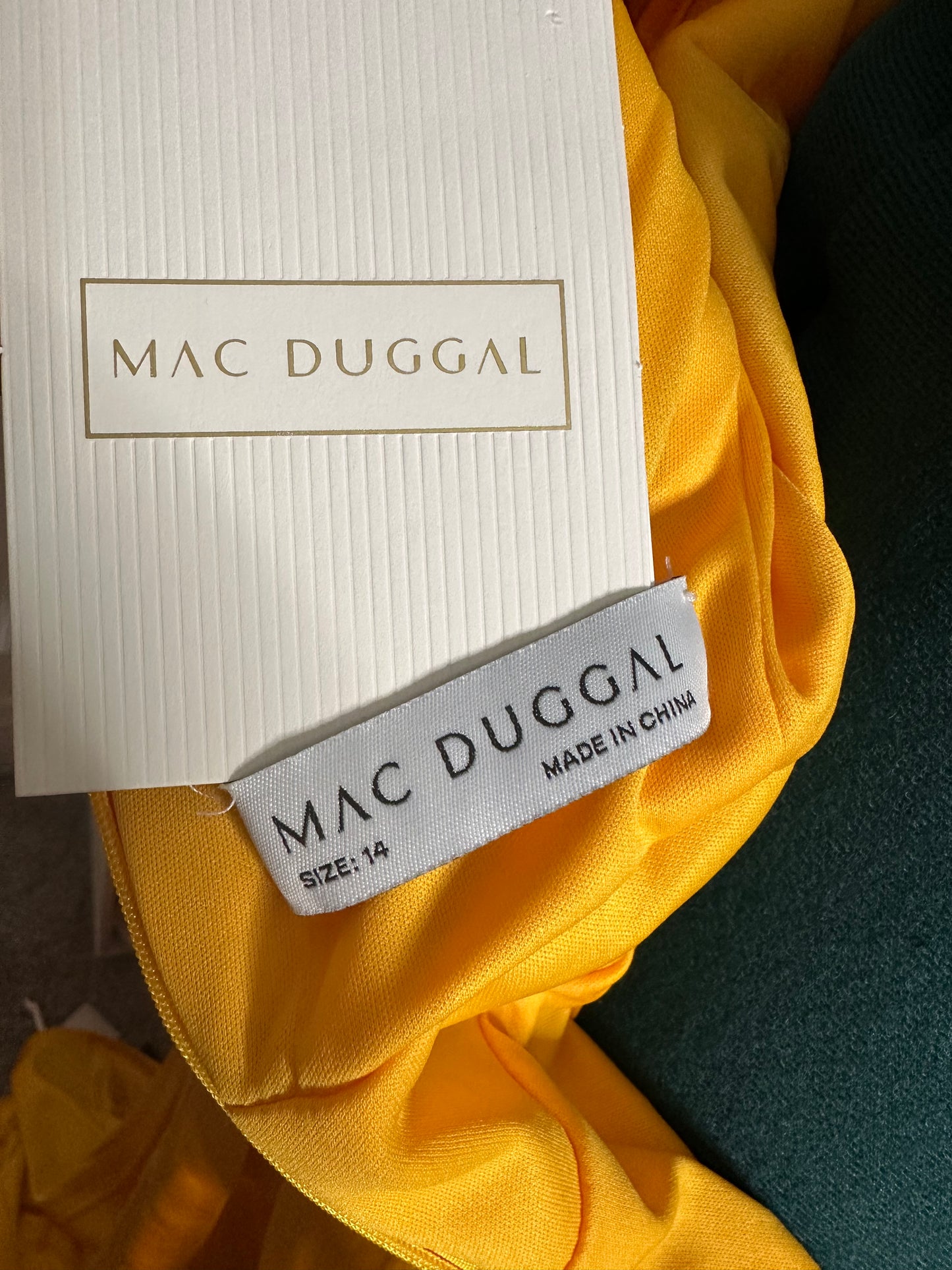Mac Duggal 12404 FAUX WRAP A LINE GOWN Formal Dress in Marigold size 14