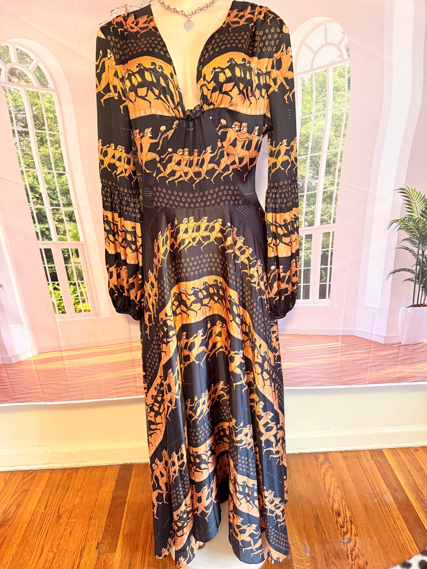 Patou Black Pleated Egyptian Print Maxi Dress Sz 44