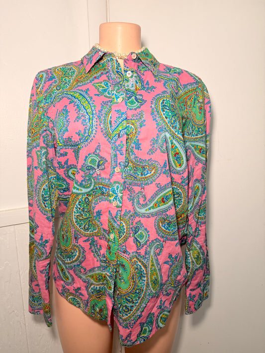 Talbots Pink and green blouse Sz S fits like a med