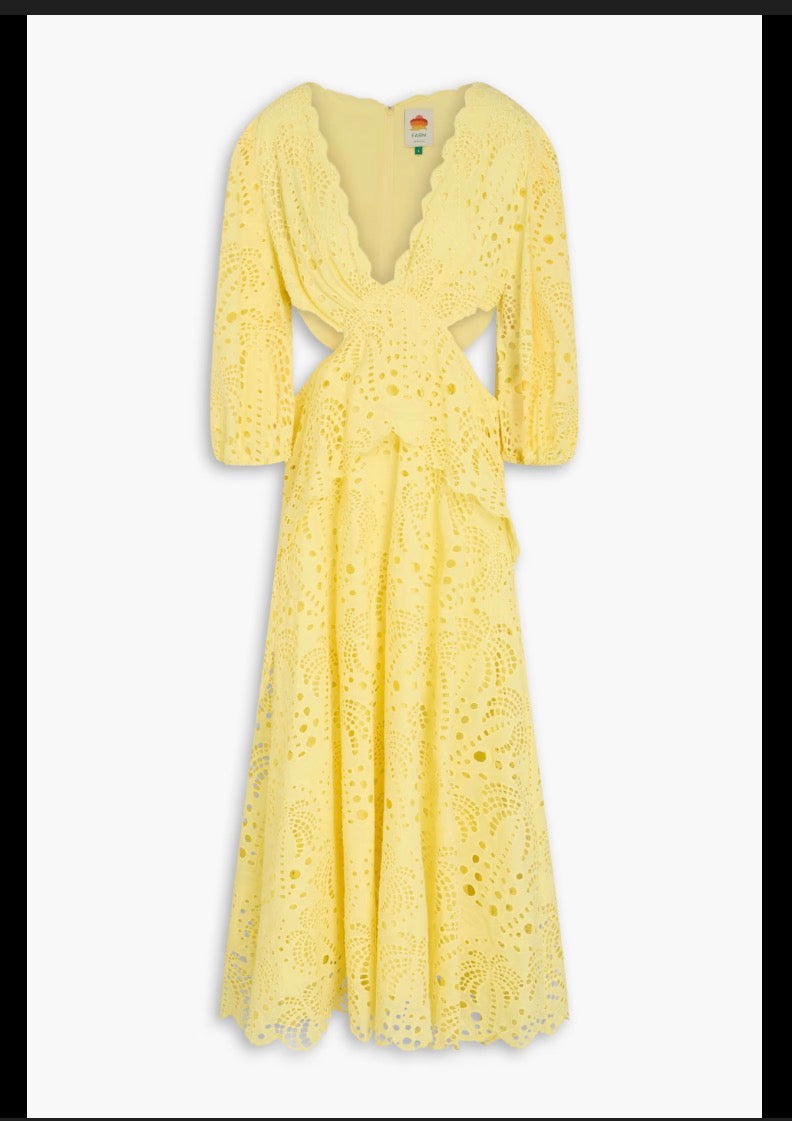 Farm Rio Sunshine Yellow Eyelet Cutout Dress Sz L