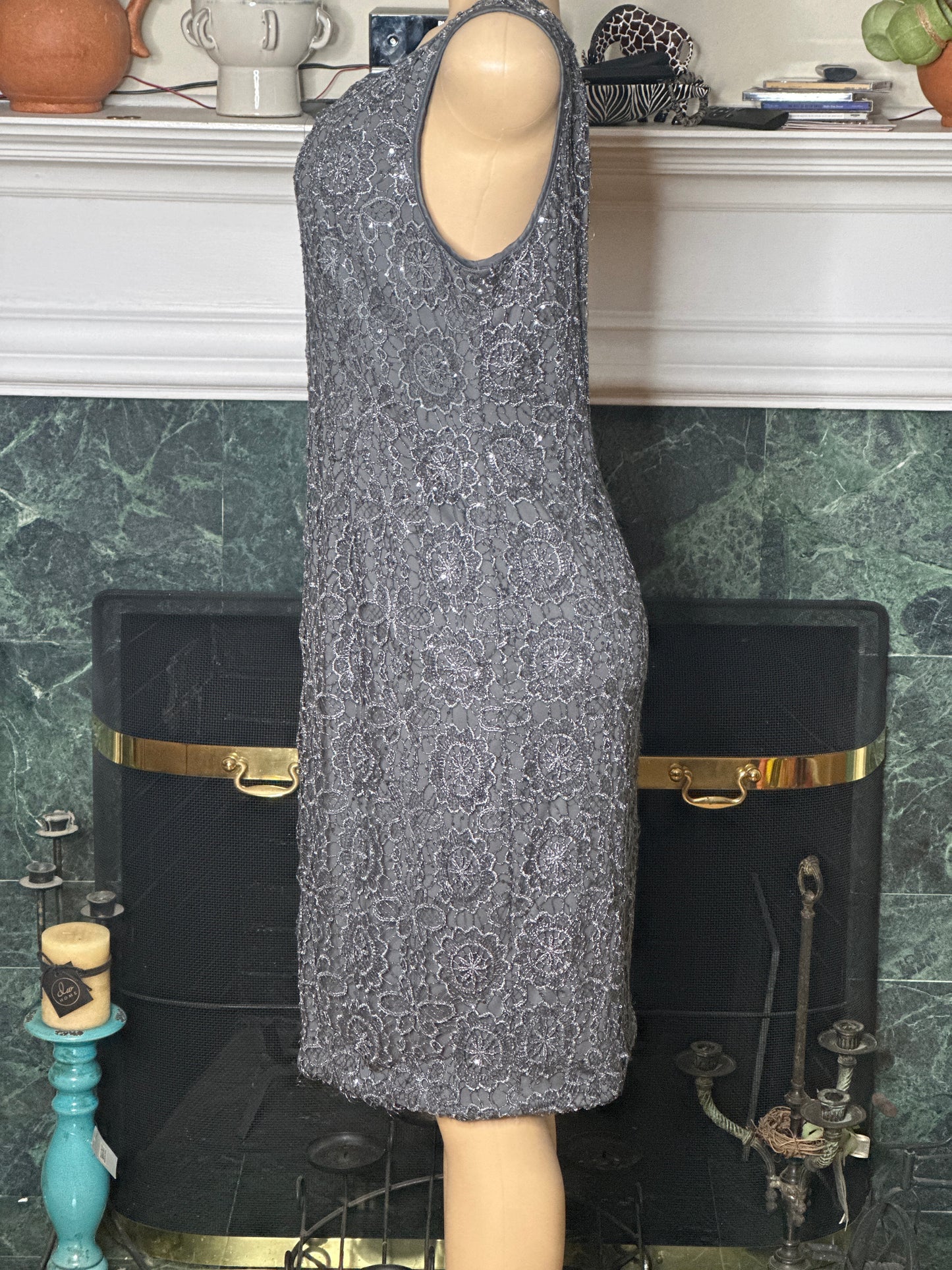Arianna Papell Silver lace dress sz 14
