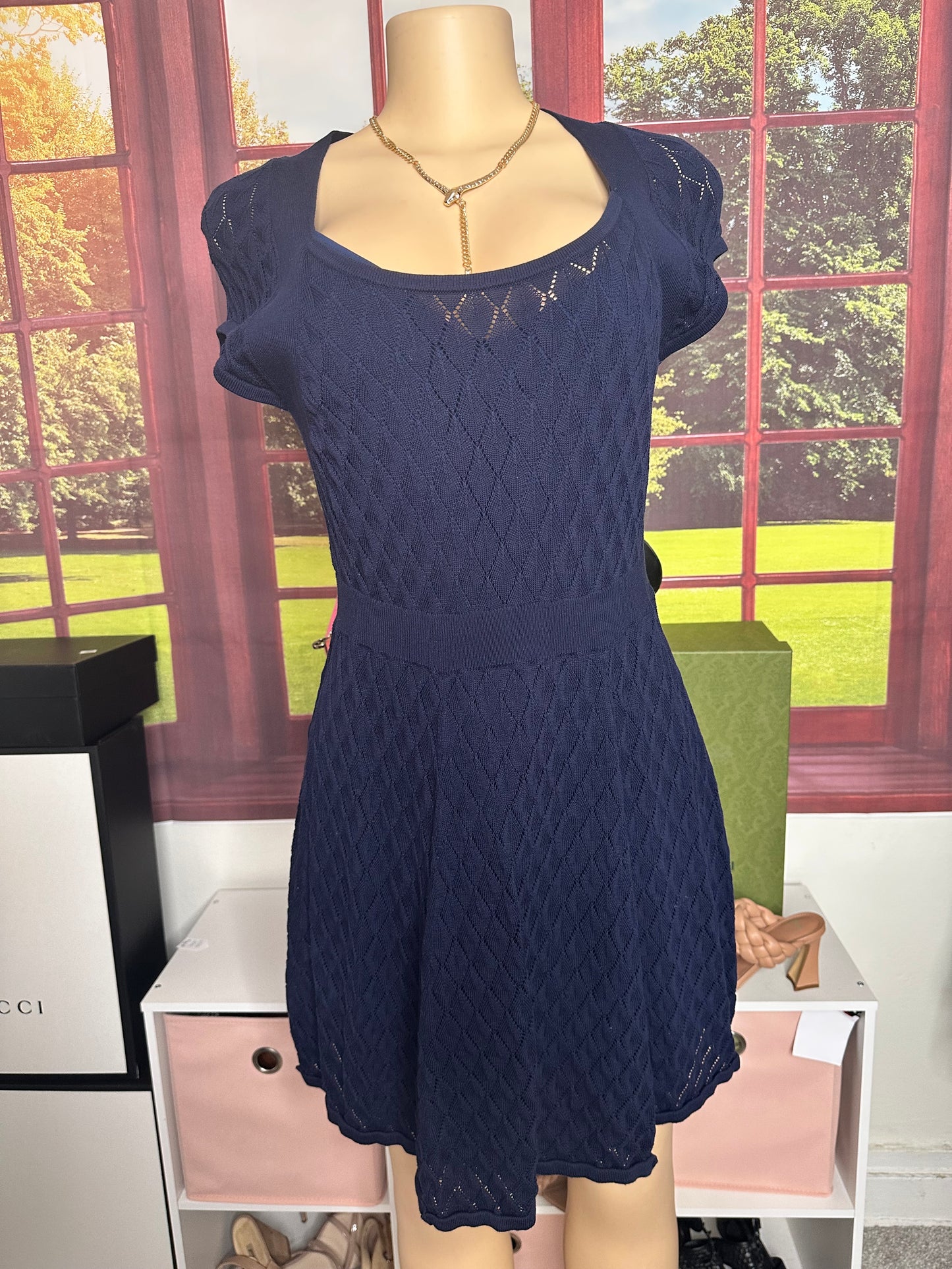 Trina Turk Navy Fit and Flare Dress Sz L