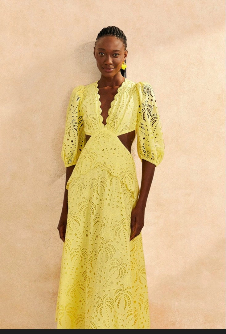 Farm Rio Sunshine Yellow Eyelet Cutout Dress Sz L