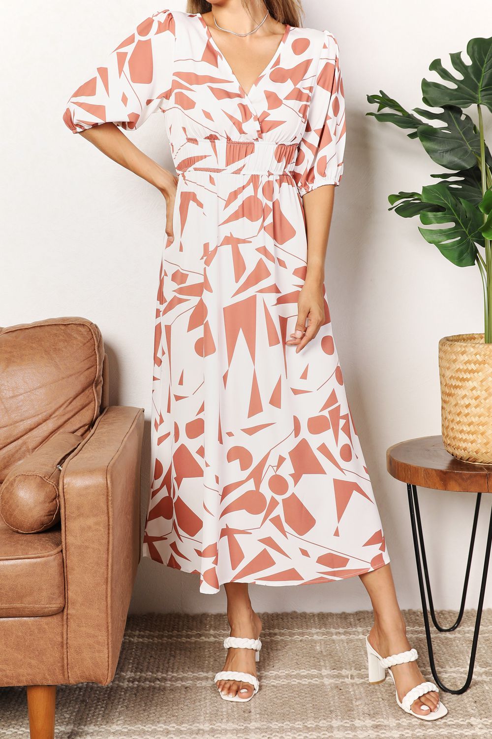 Printed Surplice Balloon Sleeve Dress 9999
