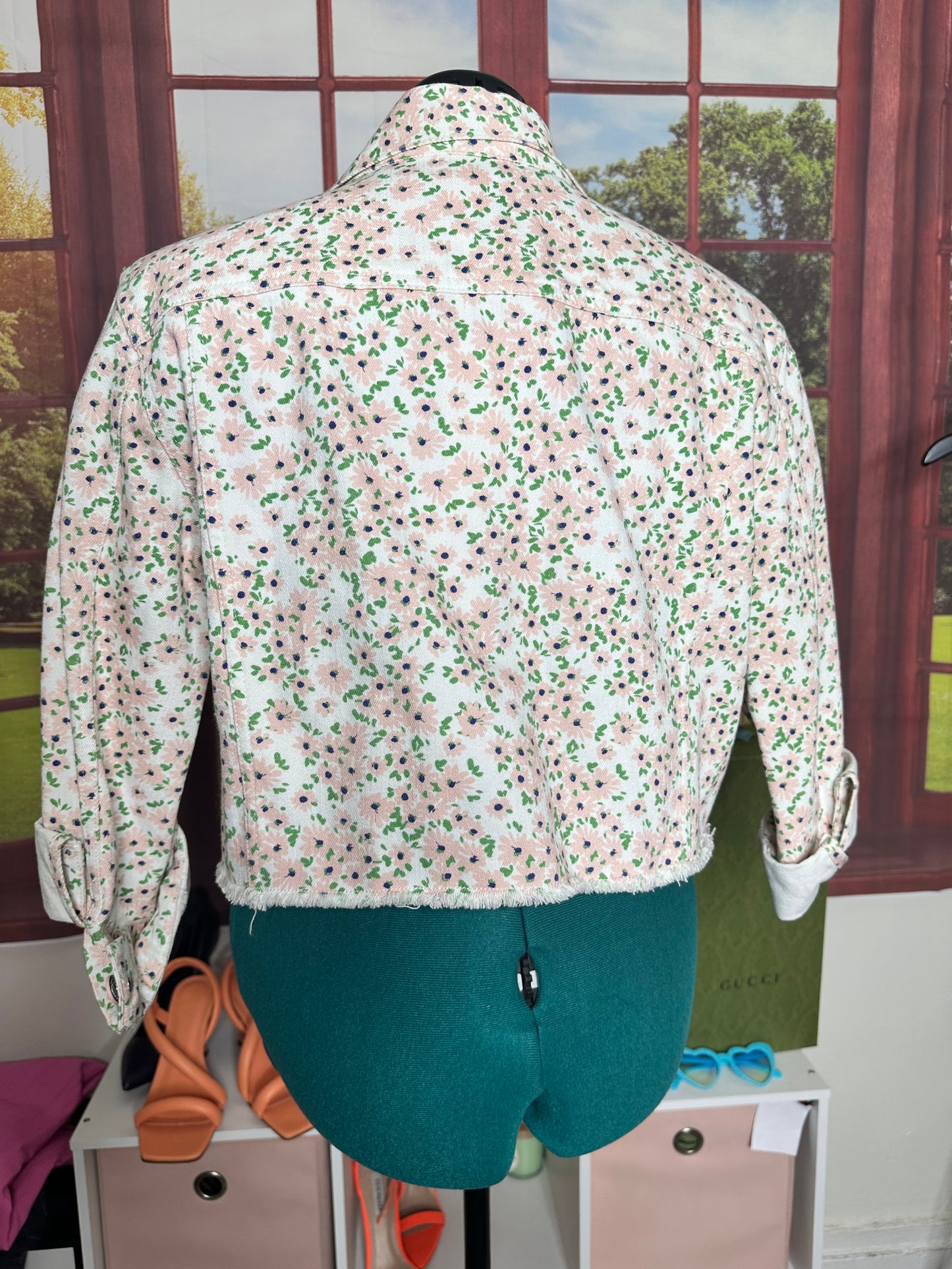 NWT Alice and Olivia Pink and Green Floral Denim Jacket Sz XL
