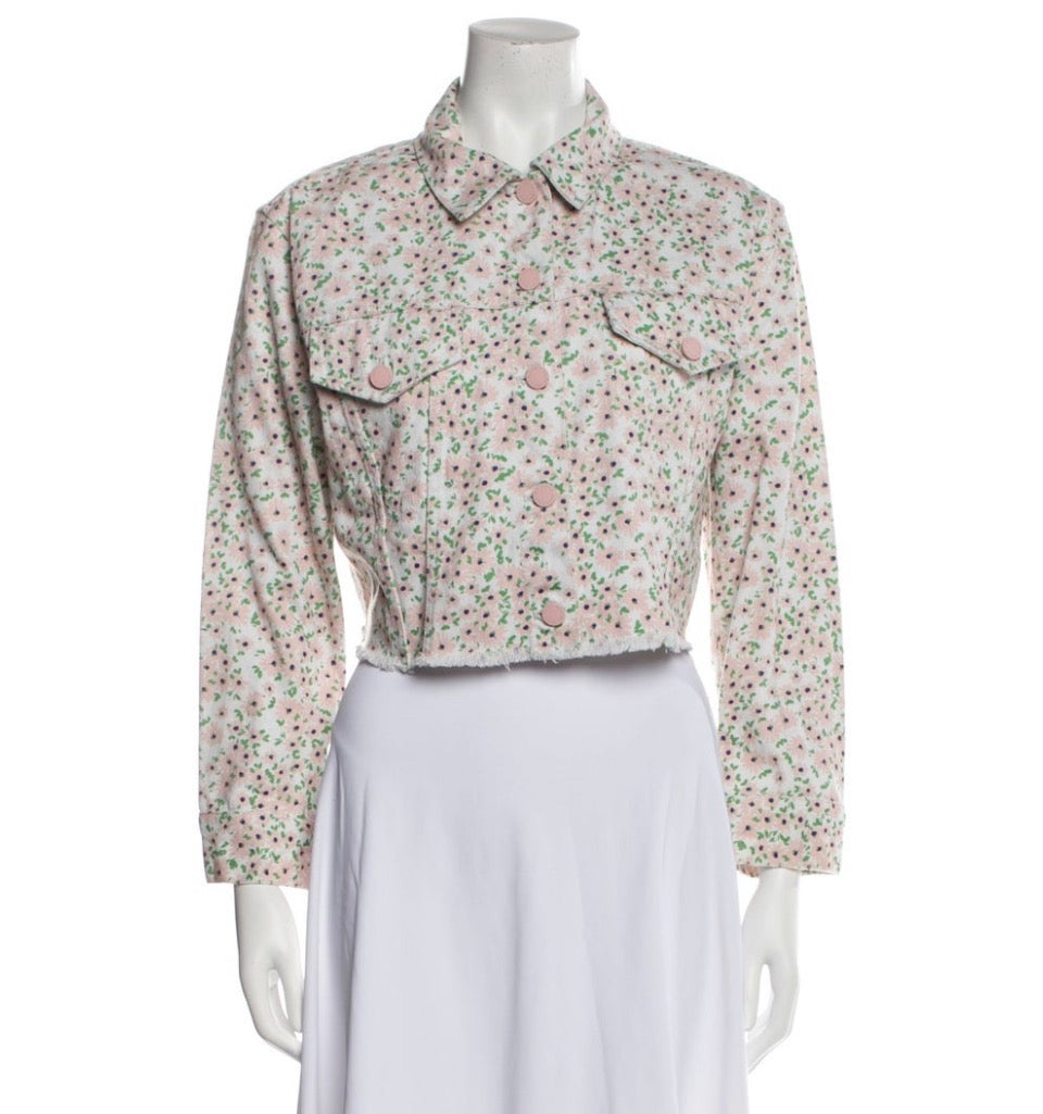 NWT Alice and Olivia Pink and Green Floral Denim Jacket Sz XL