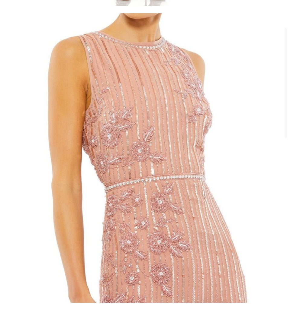 NEW NWT Mac Duggal Striped Floral Embellished Sleeveless Midi Dress In Rose Pink sz 14
