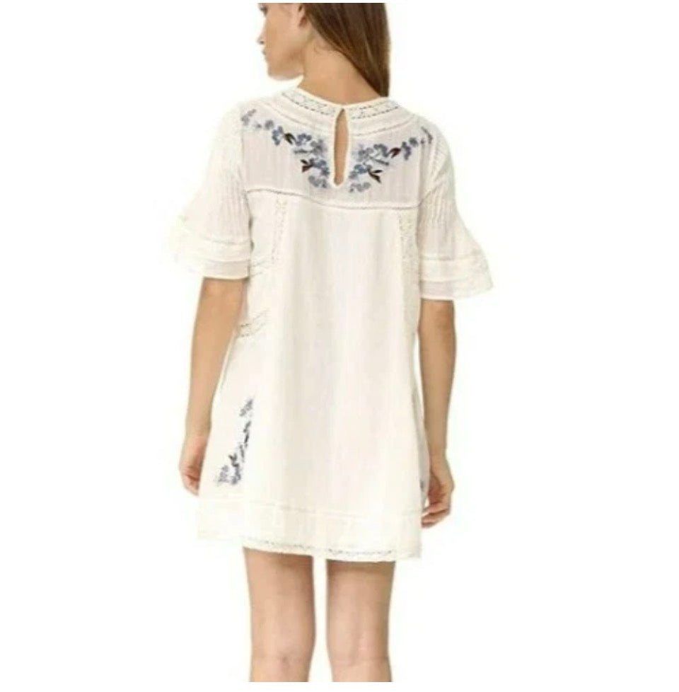 NWT Free People Perfectly Victorian ivory mini dress with blue and pink embroidery size L