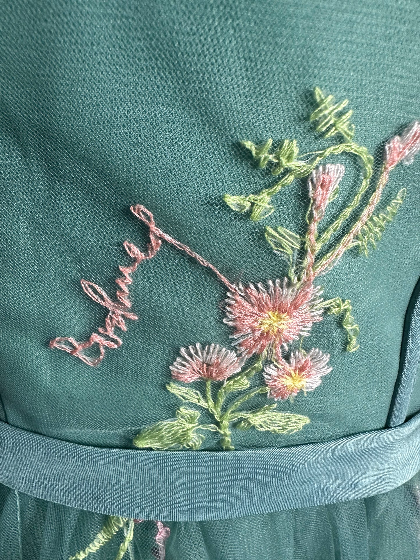 Sage green chiffon, midi dress with corset back, and embroidered detailed. Size 14.￼