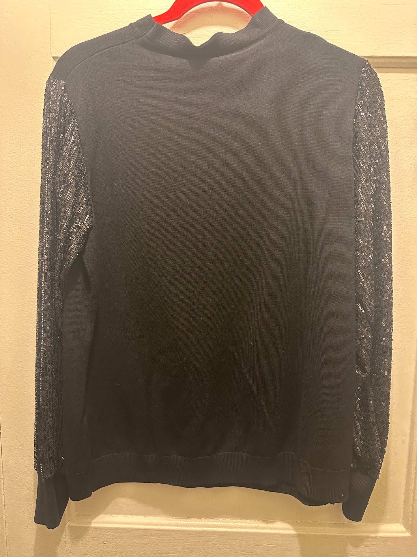 Adrianna Papell Women’s  Mock Ruffle Neck Sequin Sleeve Sweater-Size L-Black-NWT