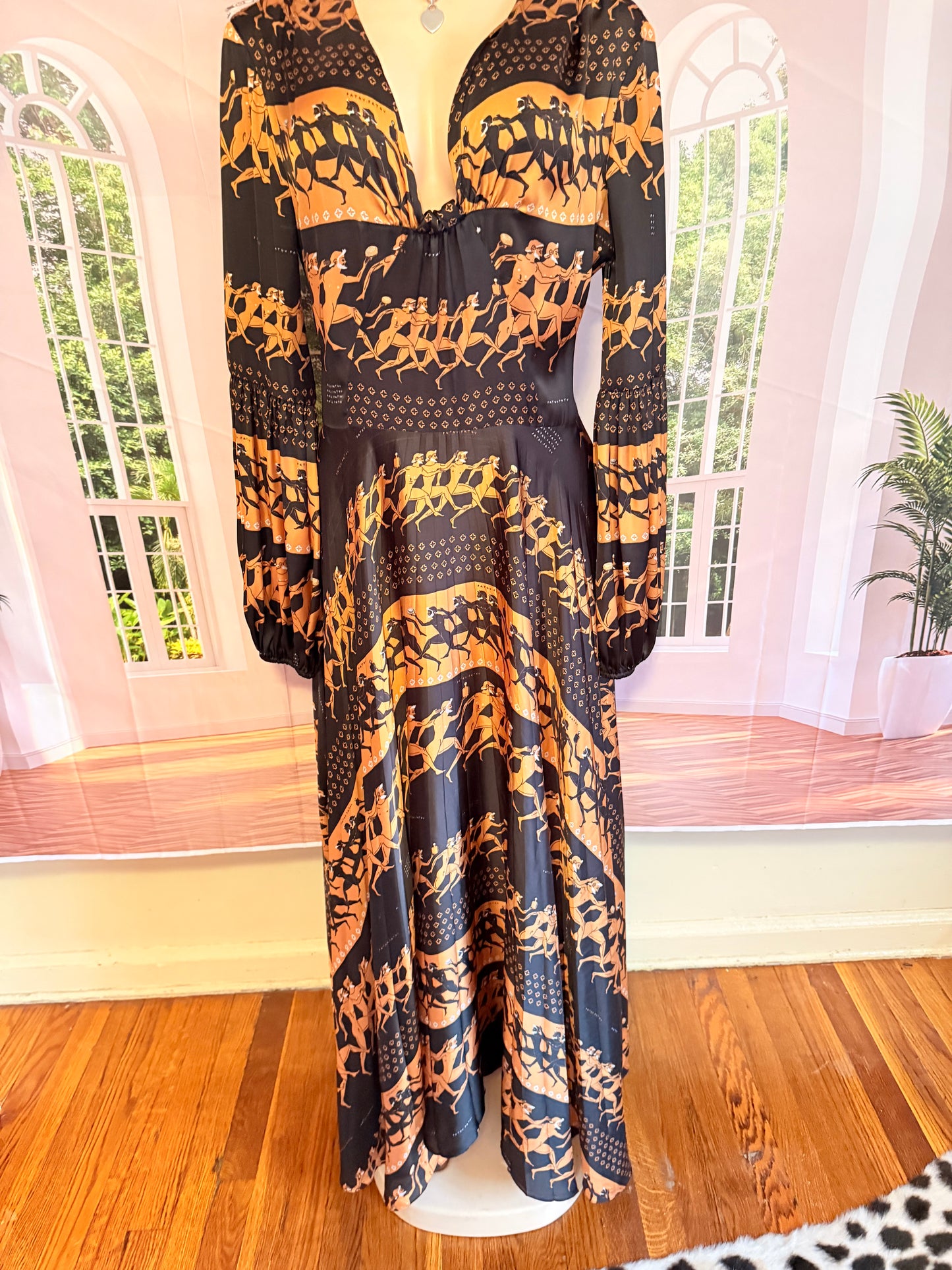 Patou Black Pleated Egyptian Print Maxi Dress Sz 44
