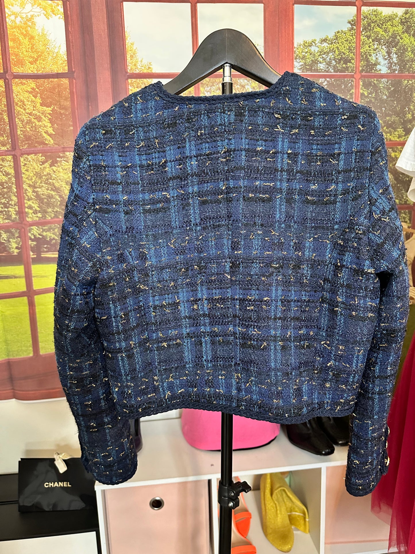 Aqua Blue and Gold Tweed Blazer with Gold buttons sz M
