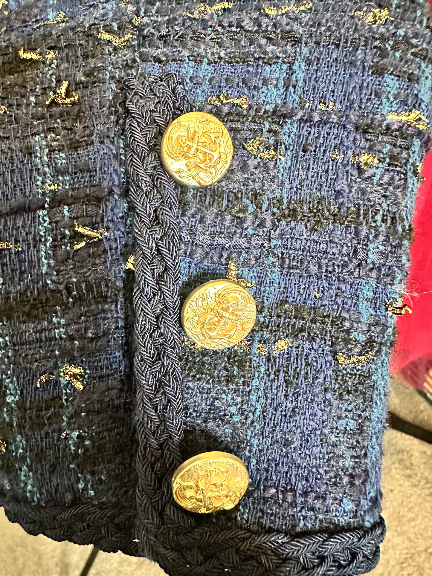 Aqua Blue and Gold Tweed Blazer with Gold buttons sz M