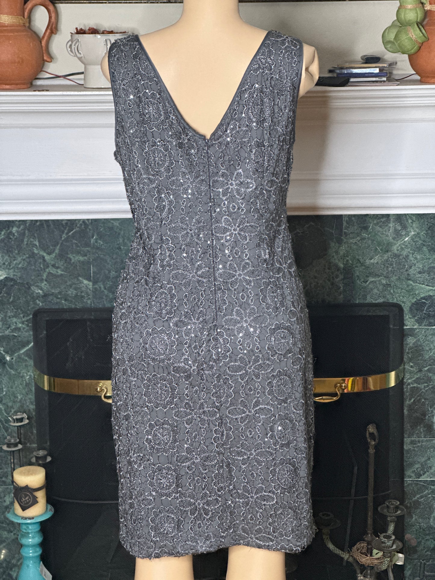 Arianna Papell Silver lace dress sz 14