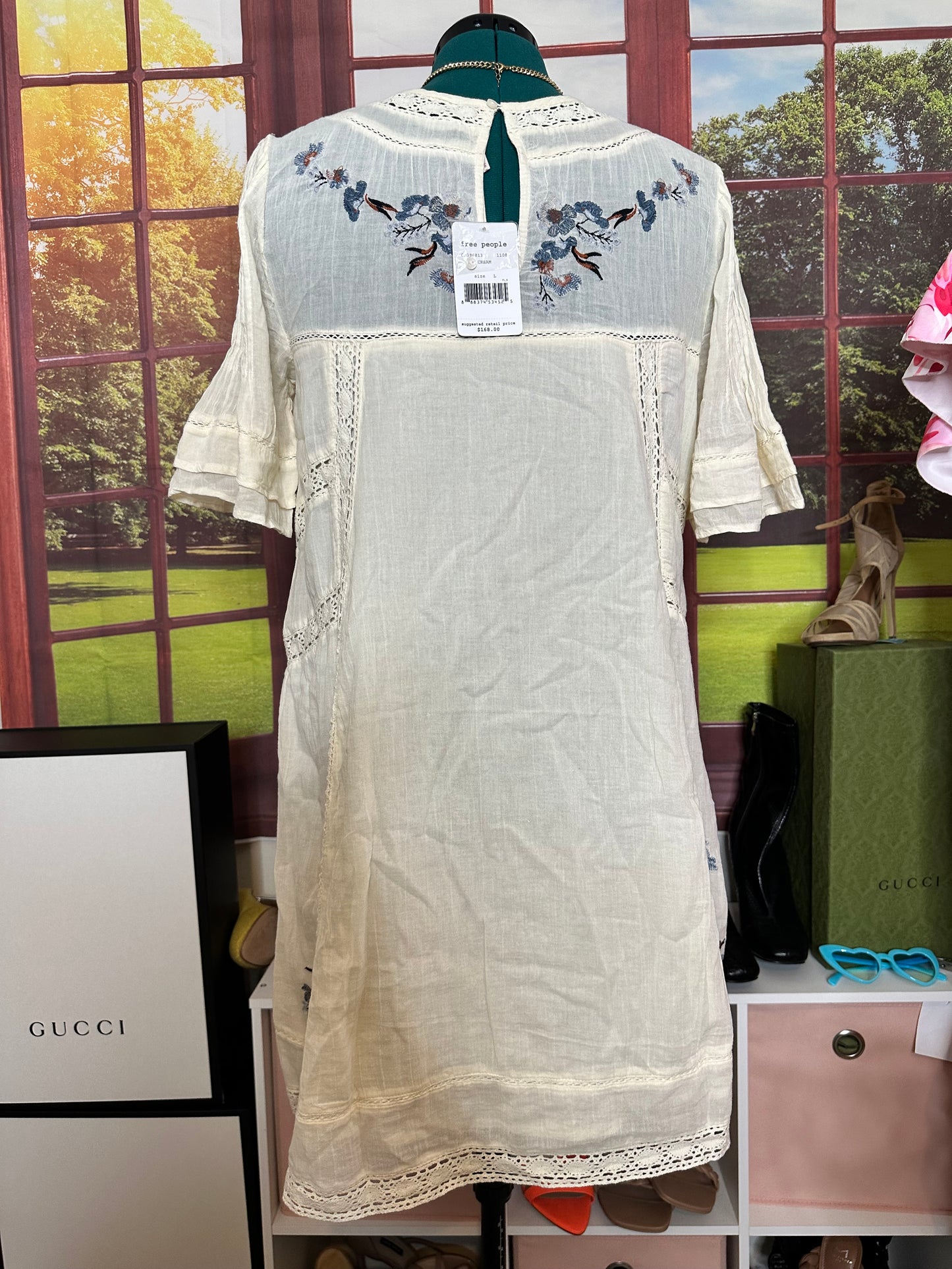 NWT Free People Perfectly Victorian ivory mini dress with blue and pink embroidery size L