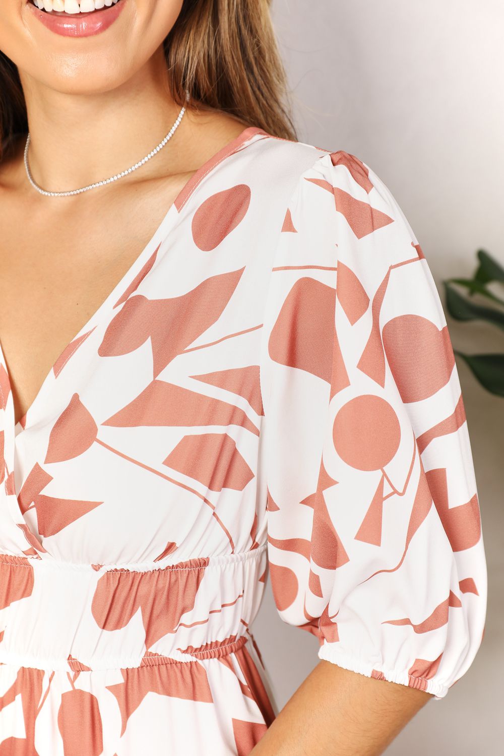 Printed Surplice Balloon Sleeve Dress 9999