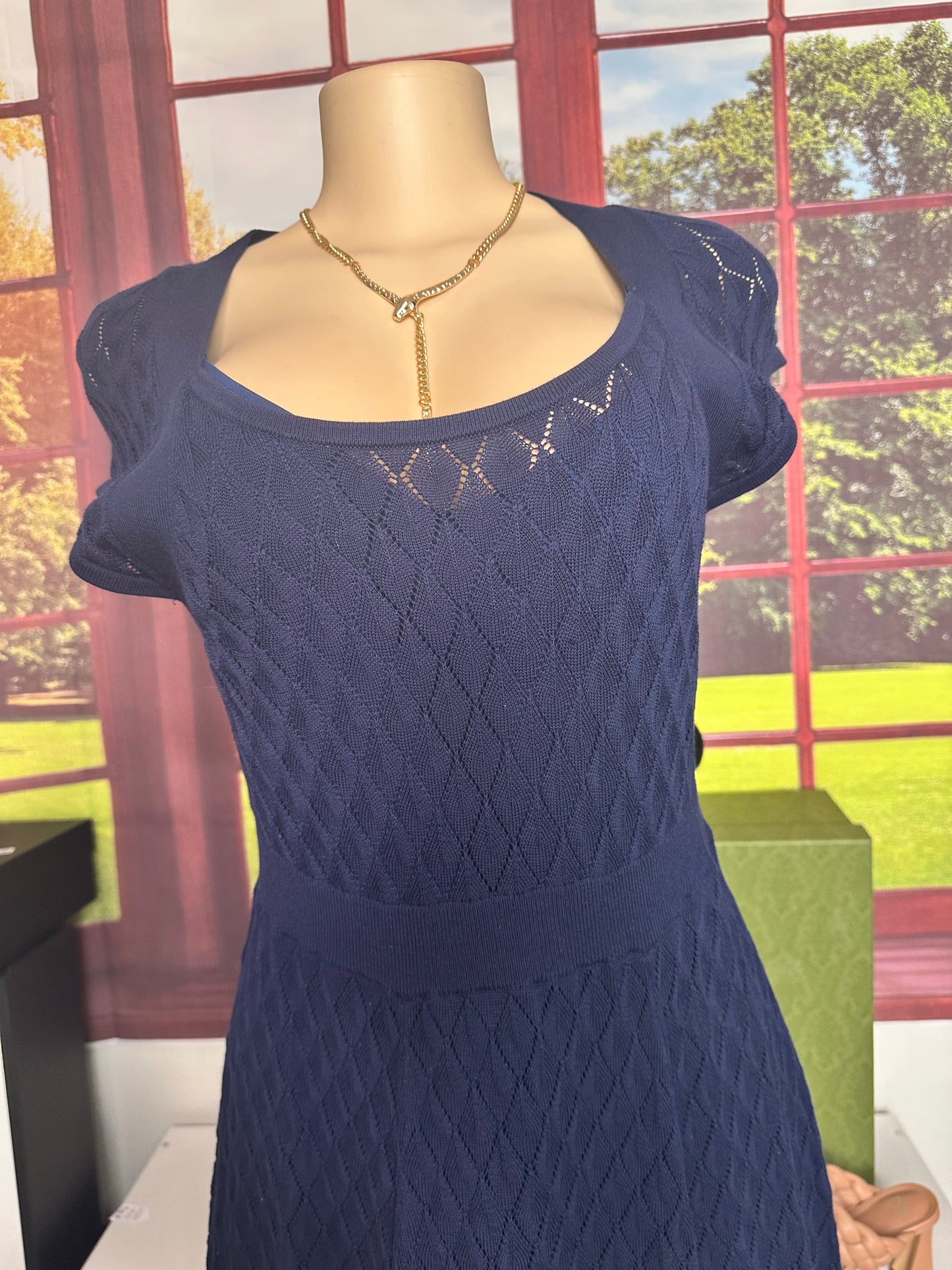 Trina Turk Navy Fit and Flare Dress Sz L