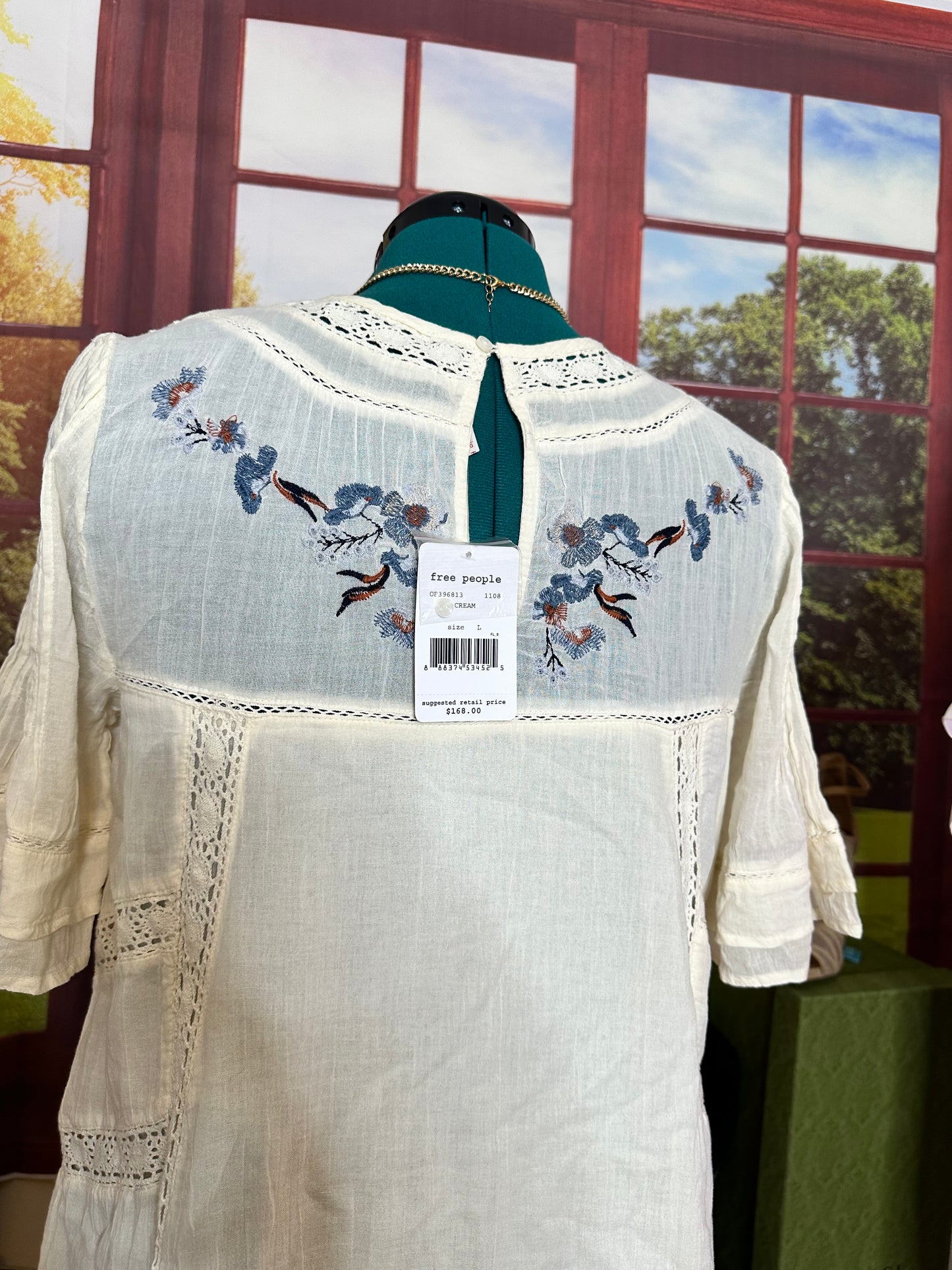 NWT Free People Perfectly Victorian ivory mini dress with blue and pink embroidery size L
