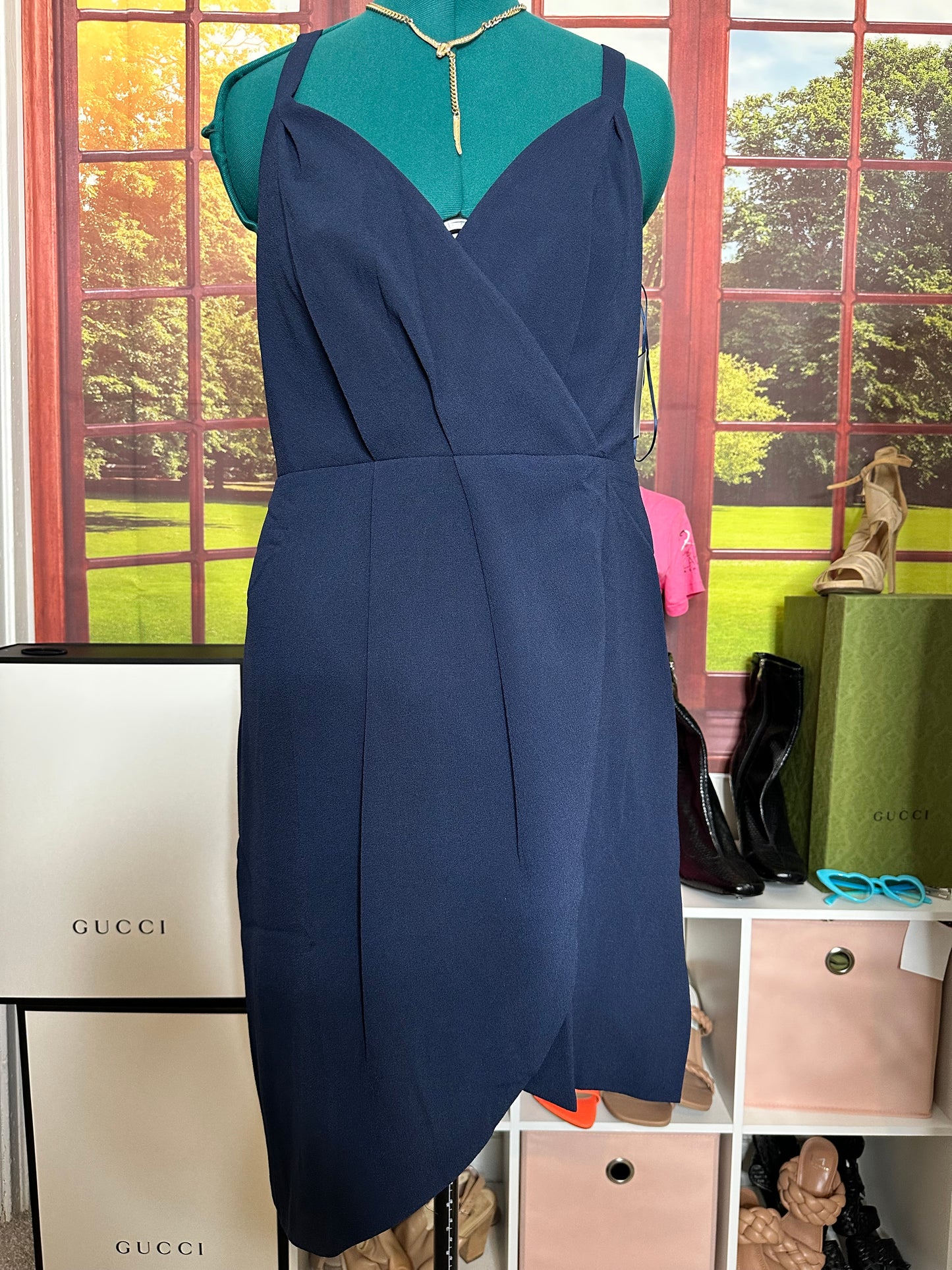 NWT Dress the Population Navy Owen full wrap evening dress tulip hem