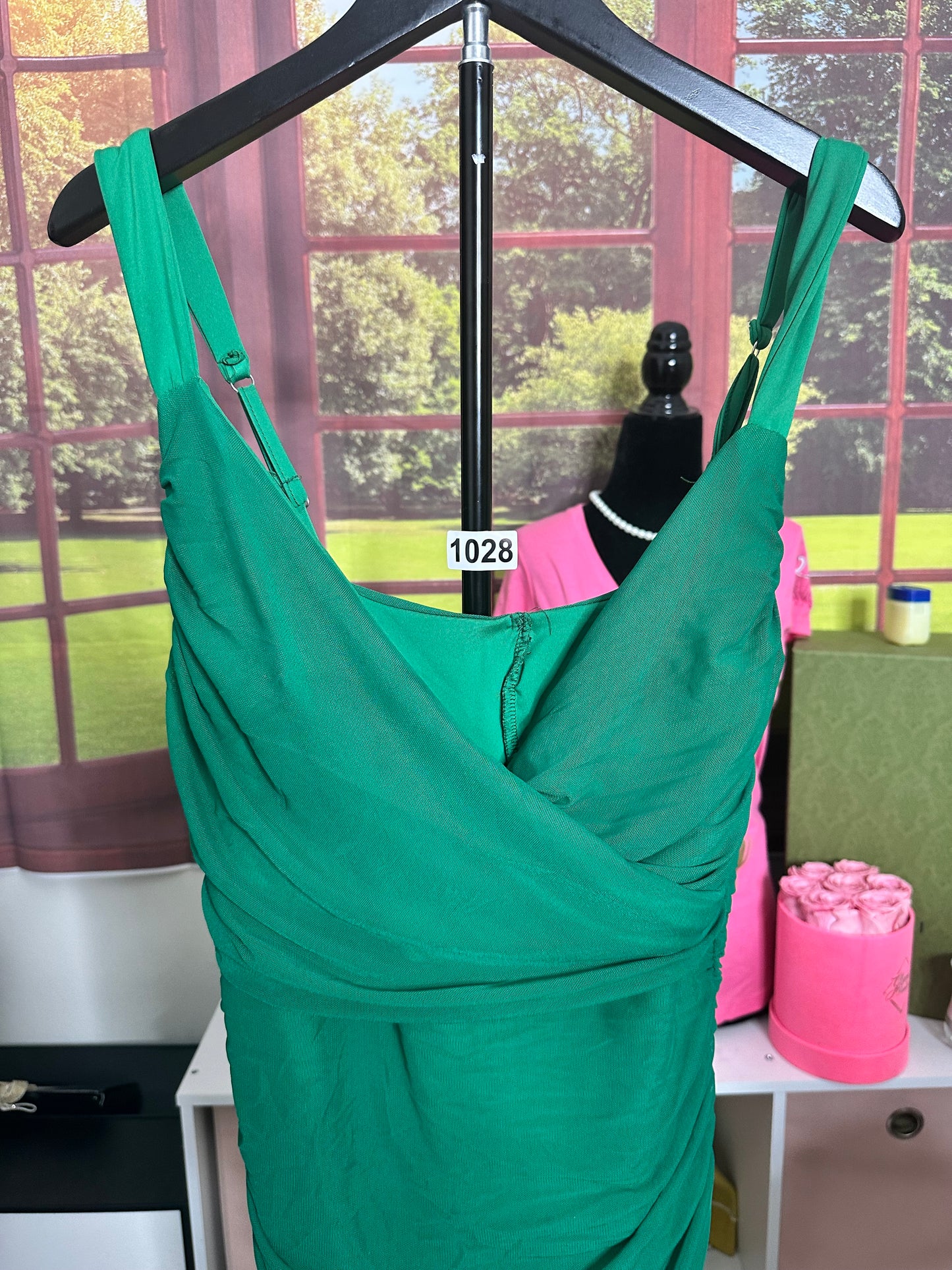 Emerald Green midi dress with ruching sz L