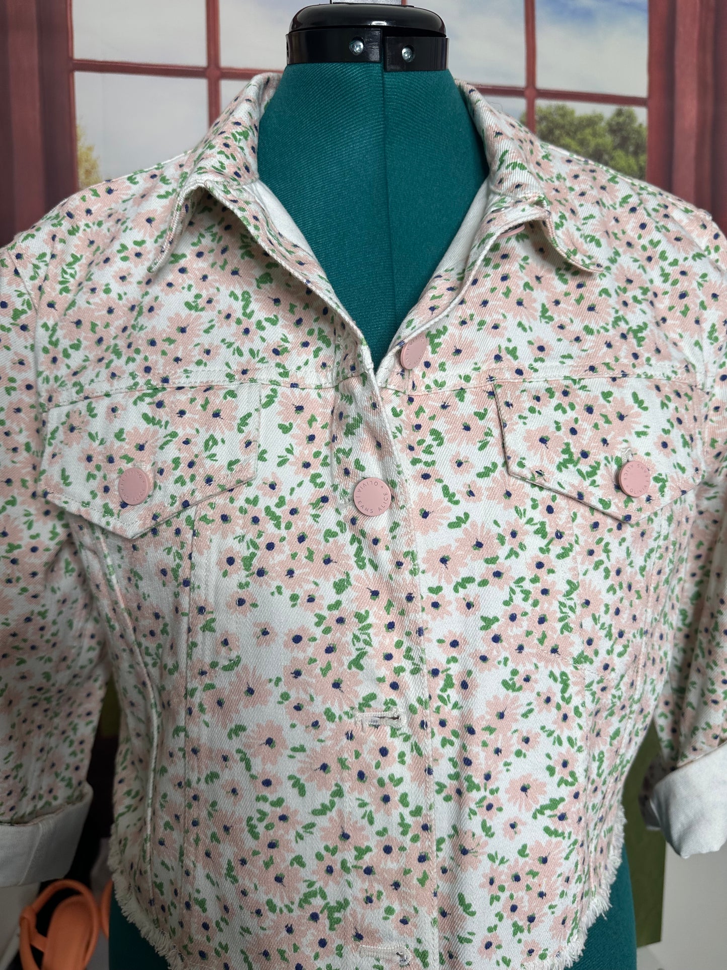 NWT Alice and Olivia Pink and Green Floral Denim Jacket Sz XL