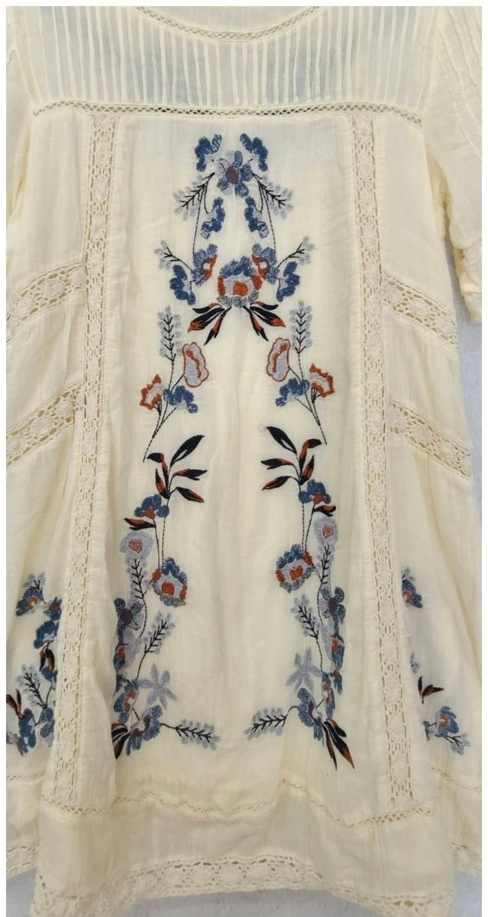 NWT Free People Perfectly Victorian ivory mini dress with blue and pink embroidery size L