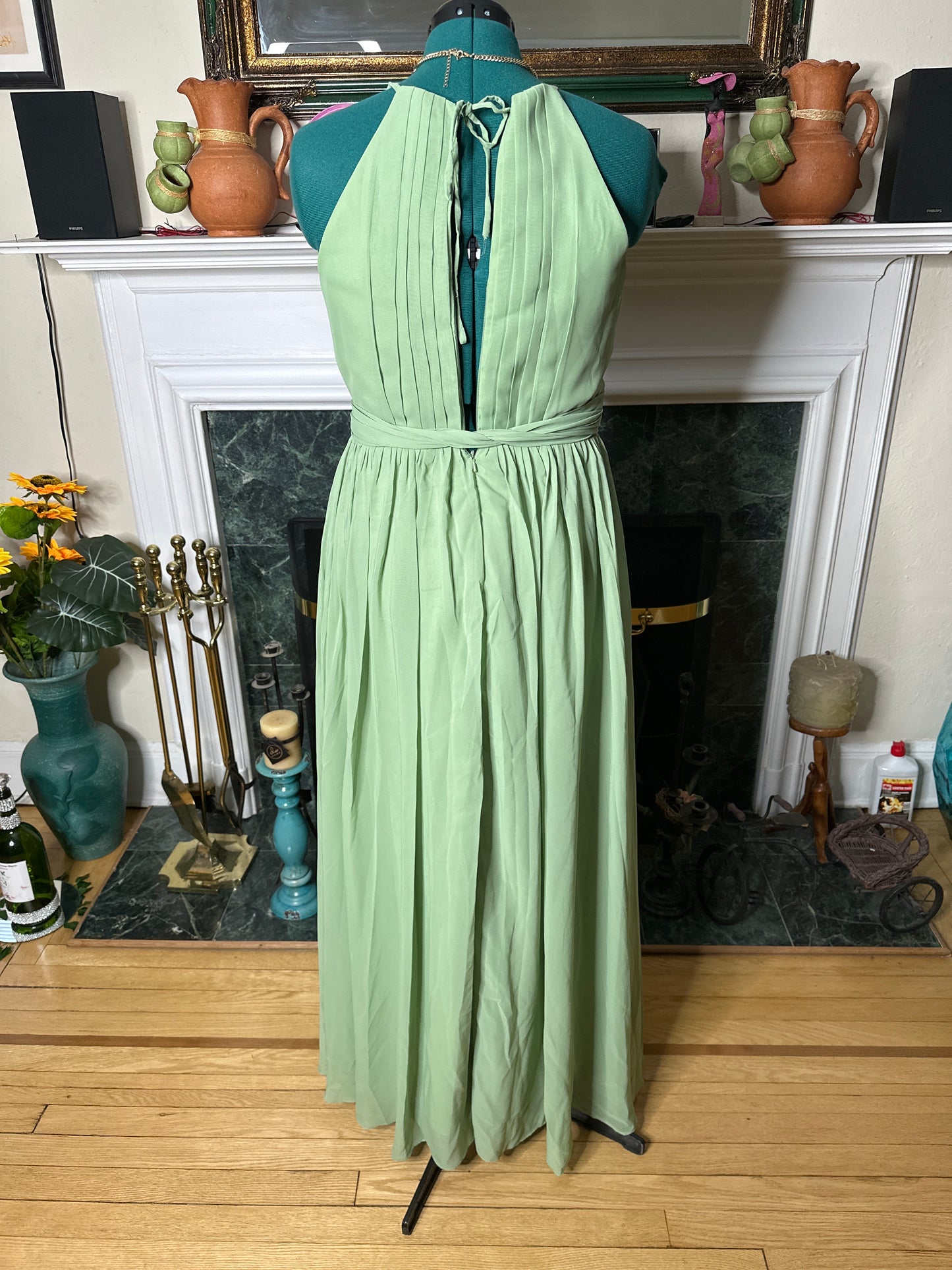 Sage green dress gown with sheer jacket and pockets sz 12 best fits sz 10