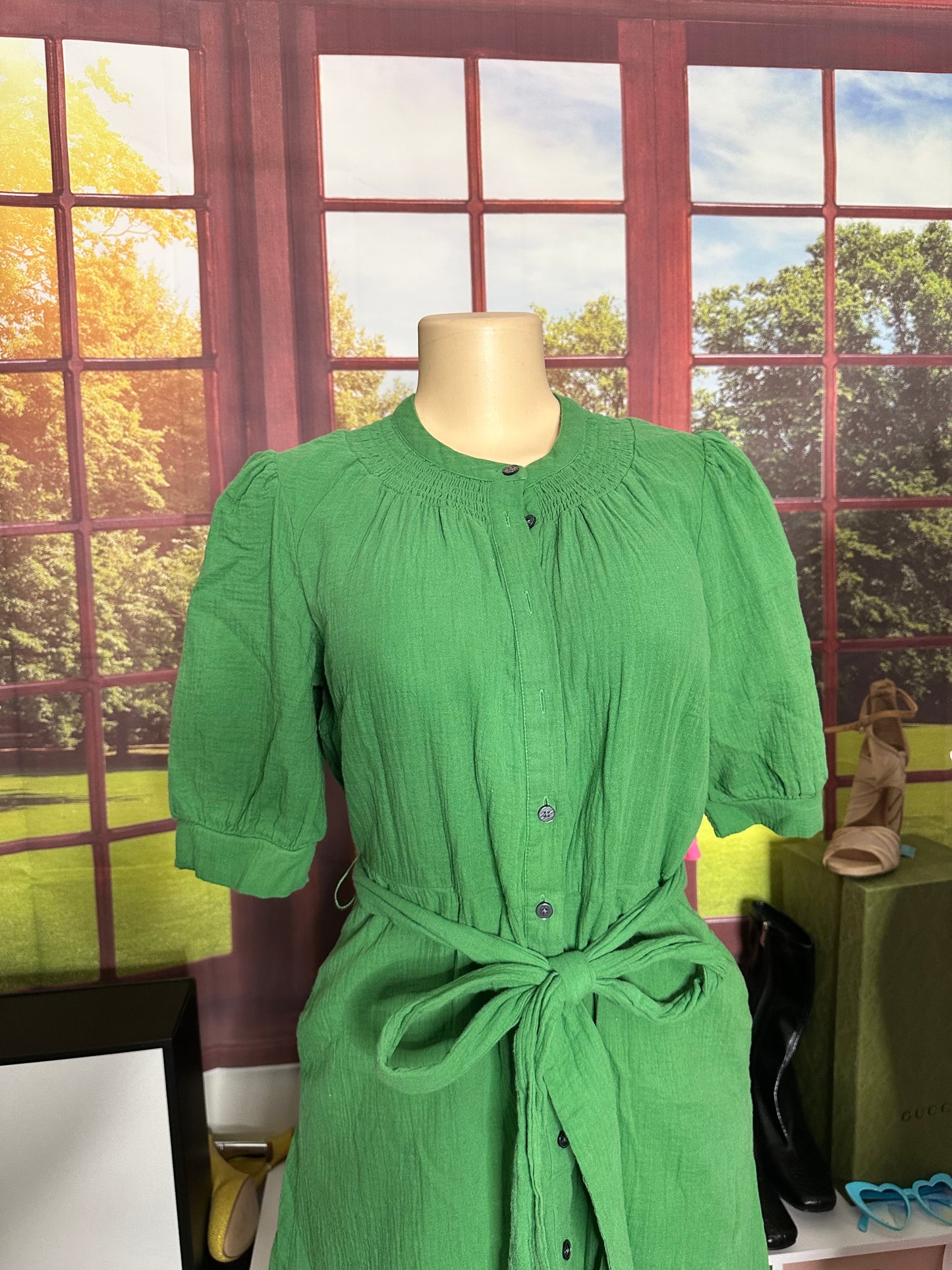 Boden green button down dress with belt sz L