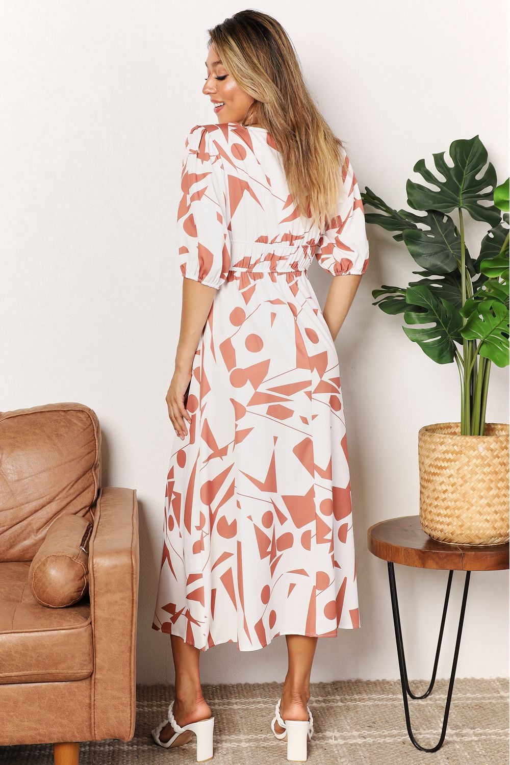 Printed Surplice Balloon Sleeve Dress 9999