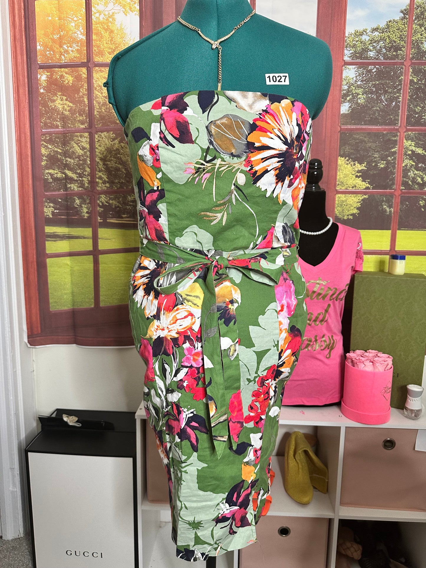 New York and Company Green Floral print strapless Linen Blend dress with belt size 14P