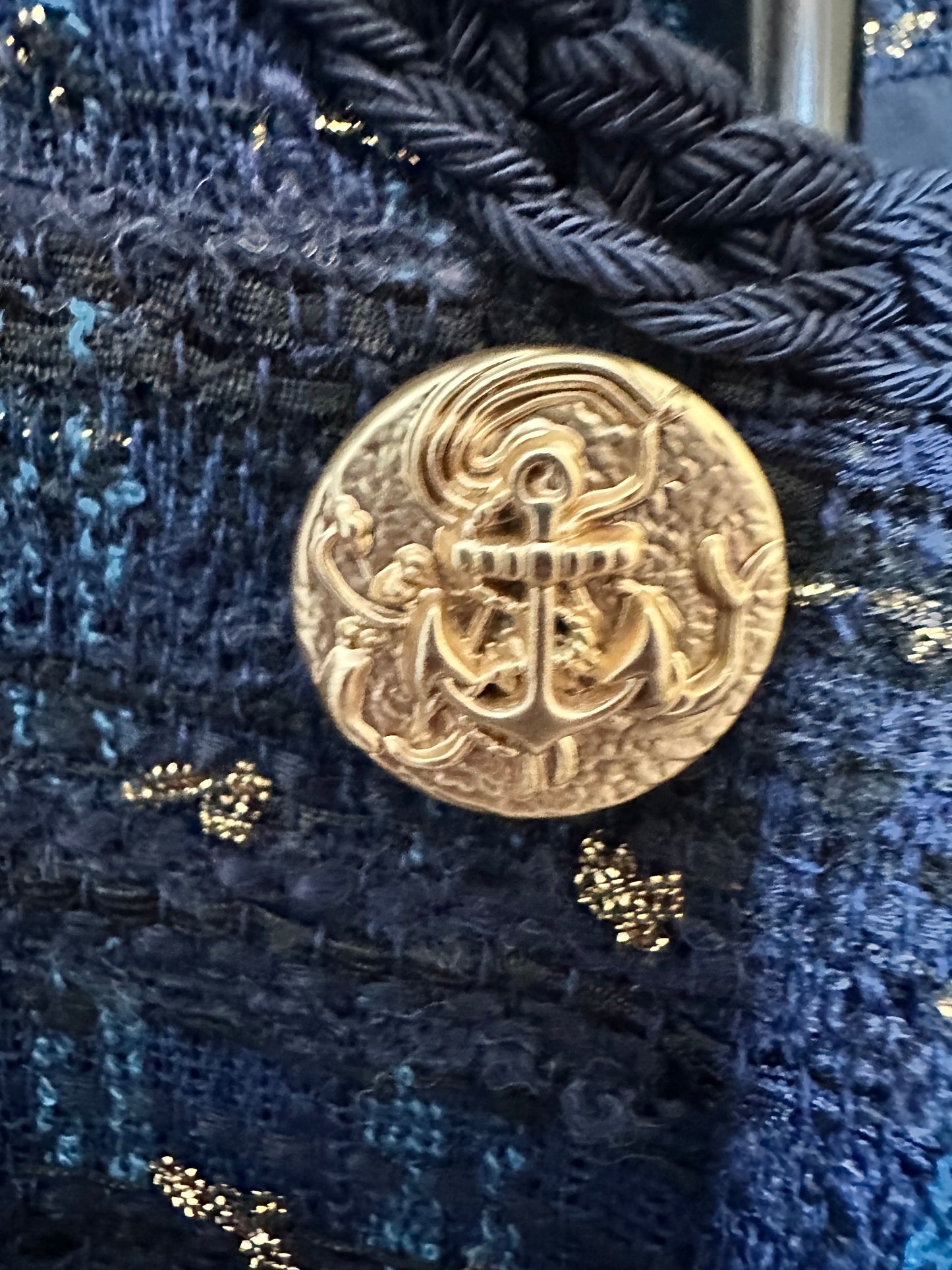 Aqua Blue and Gold Tweed Blazer with Gold buttons sz M